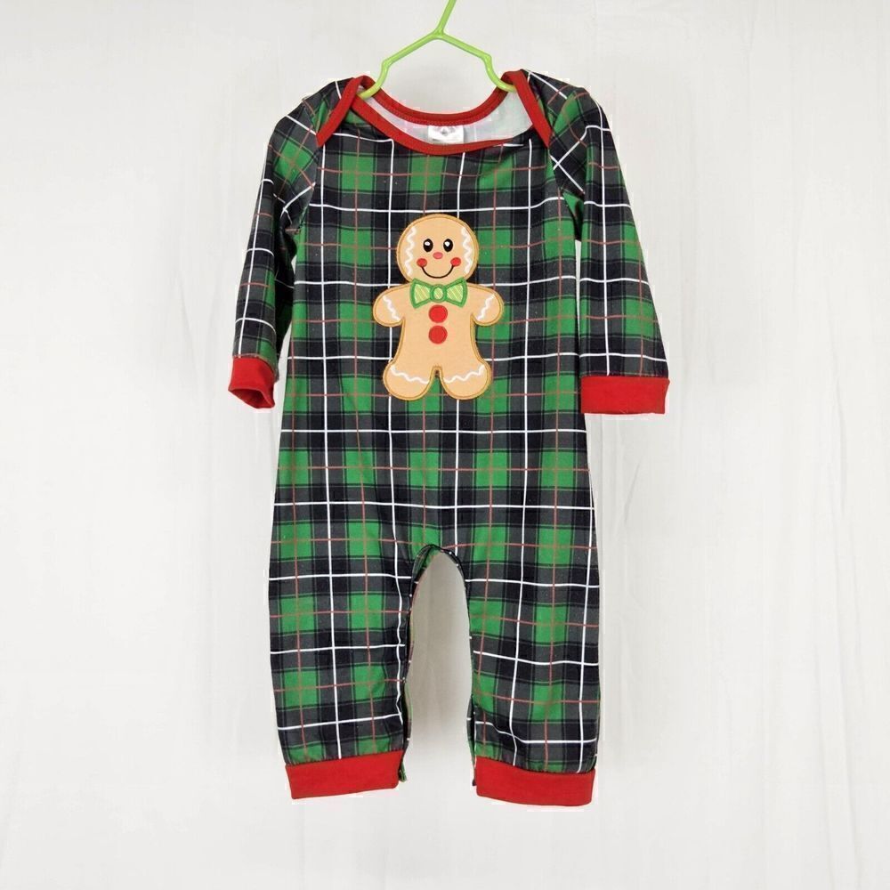 Gingerbread Applique Embroidered Size 12M Plaid Christmas Jumpsuit Romper